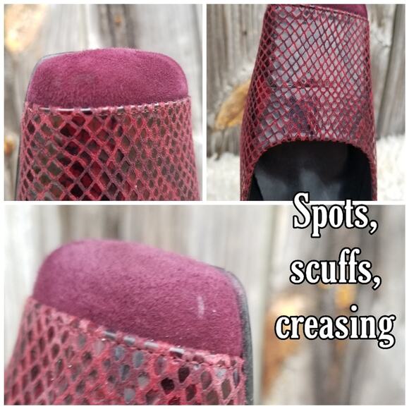 Suede & Snake Print Pumps Size 9.5 Square Cap Toe Dark Red Leather Heels Proxy - Picture 8 of 13
